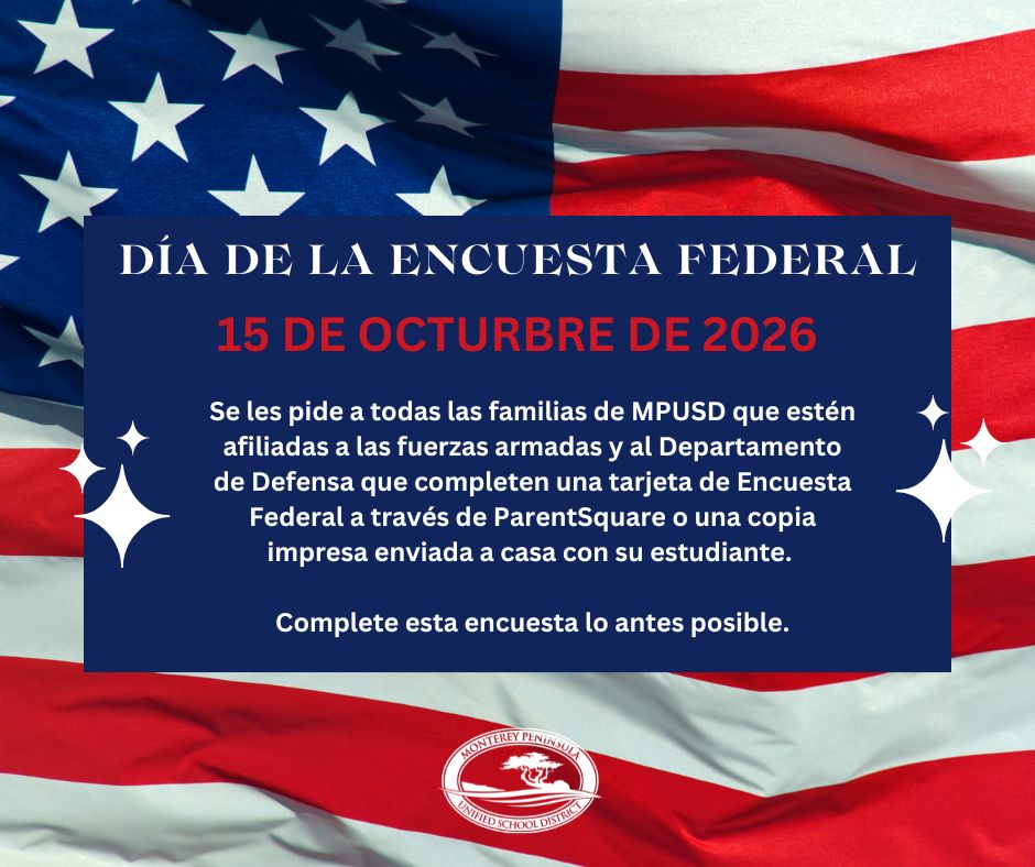 A graphic with an American flag background and Spanish text about Federal Survey Day on October 15, 2026.